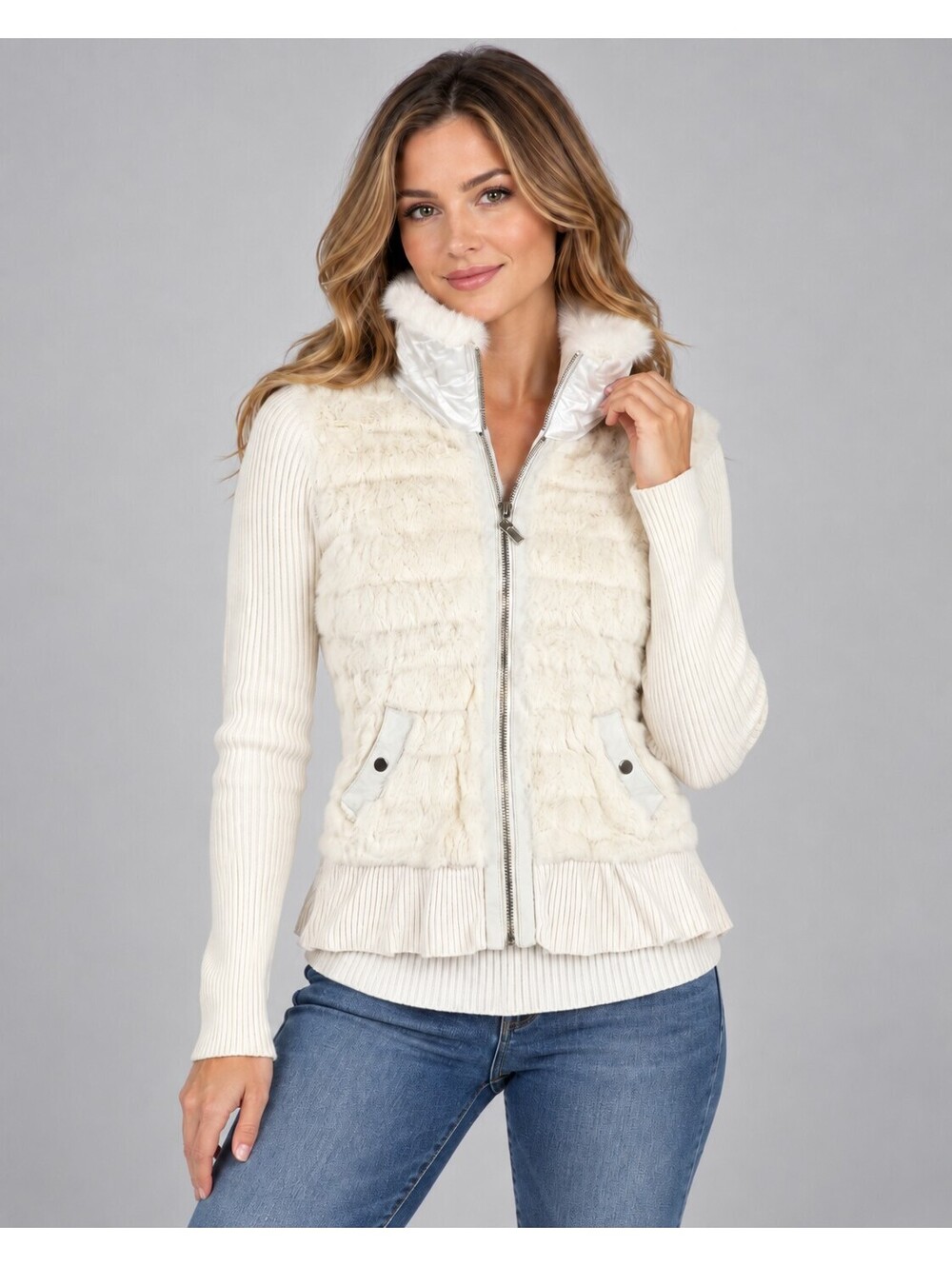 Dolce Cabo Womens Large White Rabbit Fur Blend Ribbed Knit Zip Sweater Jacket